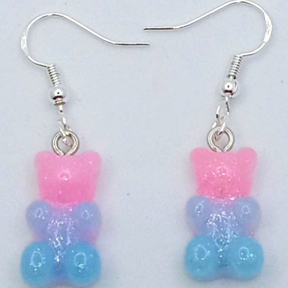 PINK AND BLUE ACRYLIC GUMMY BEAR EARRINGS WITH STERLING SILVER EAR WIRES - Picture 1 of 1